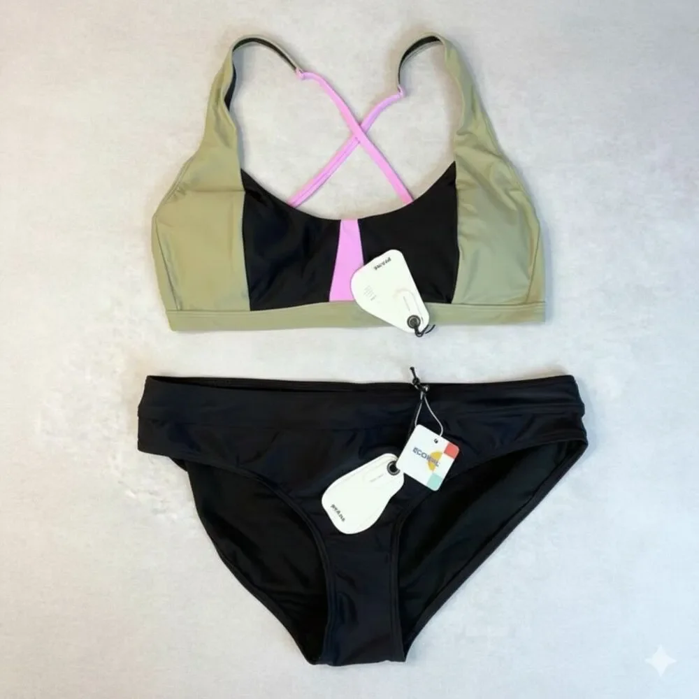 prAna Bikini 2 Piece Womens XL Black Color Block Sporty Mid Rise Beach Vacation